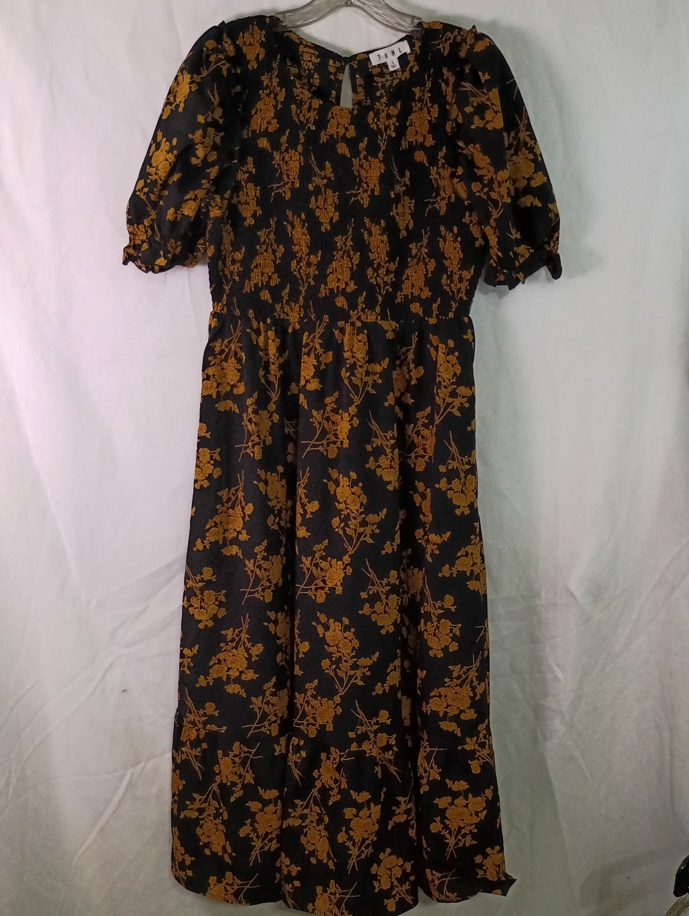 THML Black & Mustard Puff Sleeve Floral Midi Dress
